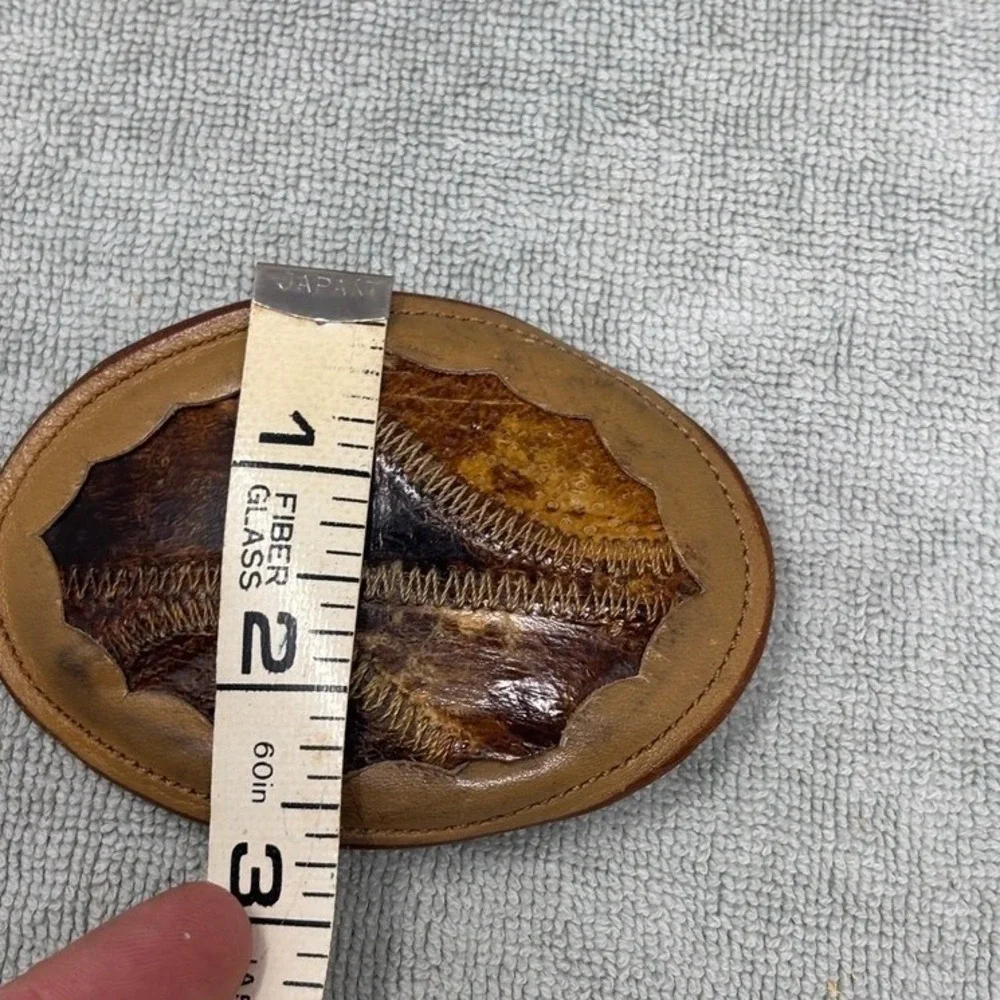 Vtg Nocona Western Leather Belt Buckle Exotic Skin Inlay Zigzag Stitch Brown‎